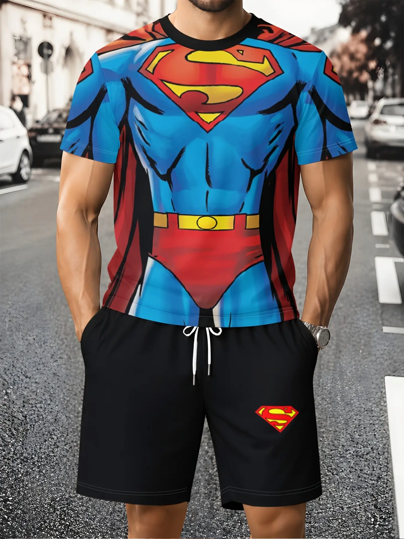 Warner Bros. Dc Superman Classic Suit, Men's Short Sleeve & Shorts Set, Breathable Mesh, Casual Sports, Graduation Gift