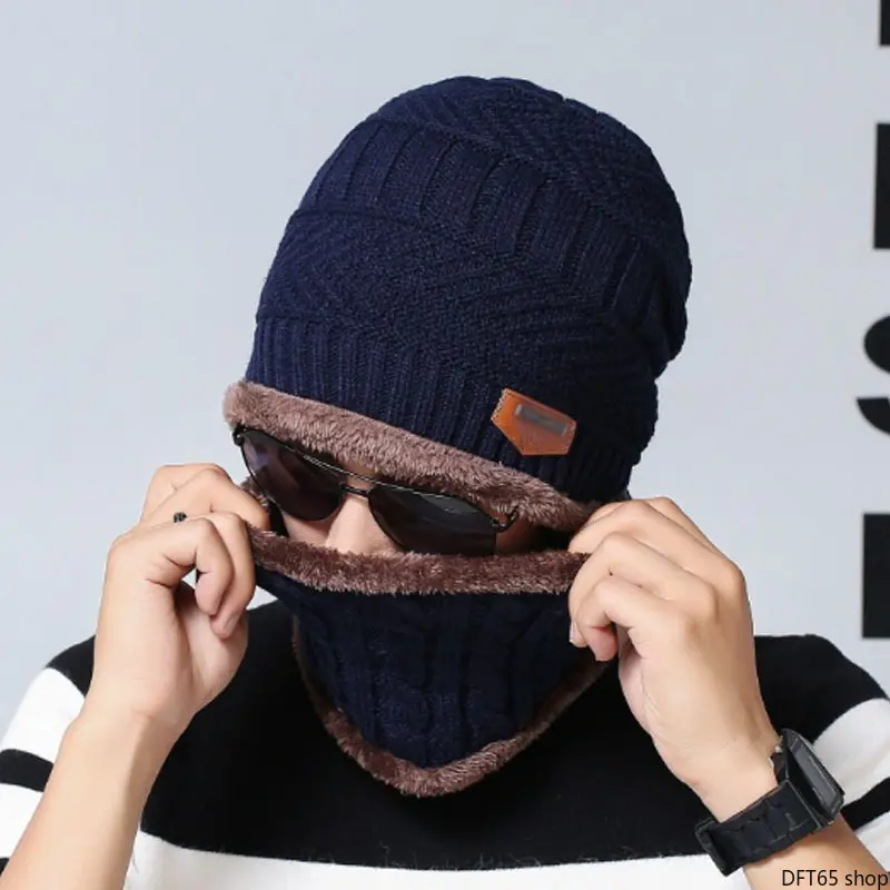 Men's 2-Piece Fleece-Lined Knit Hat & Neck Gaiter Set, Thick Thermal Soft Yarn, Stretch Elastic Silhouette, Full Wind-Lock Design, Cold-Resistant Portable Head & Neck Accessory for Autumn Winter Outdoor Commute, Dual Pieces