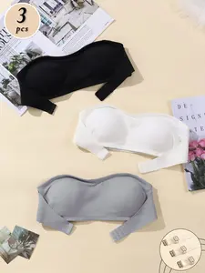 3-Color Combo Convertible Strapless Bra. Wireless No Underwire, Side Buckle 3-Row Closure, Body Fit No Shifting, Invisible Anti-Slip, Removable Pads, Multiple Ways To Wear Comfortable No Digging.