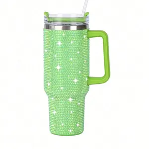 1pc 40 Oz Tumbler With Handle And Straw Lid, Studded Bling Diamond Tumbler, Stainless Steel Insulated Water Cup, Double Wall Travel Mug Fix For Car Cup Holder For Women