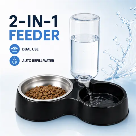 2-in-1 Pet Feeder with Automatic Water Dispenser, Removable Stainless Steel Bowl for Cats & Dogs Pet Food Bowl