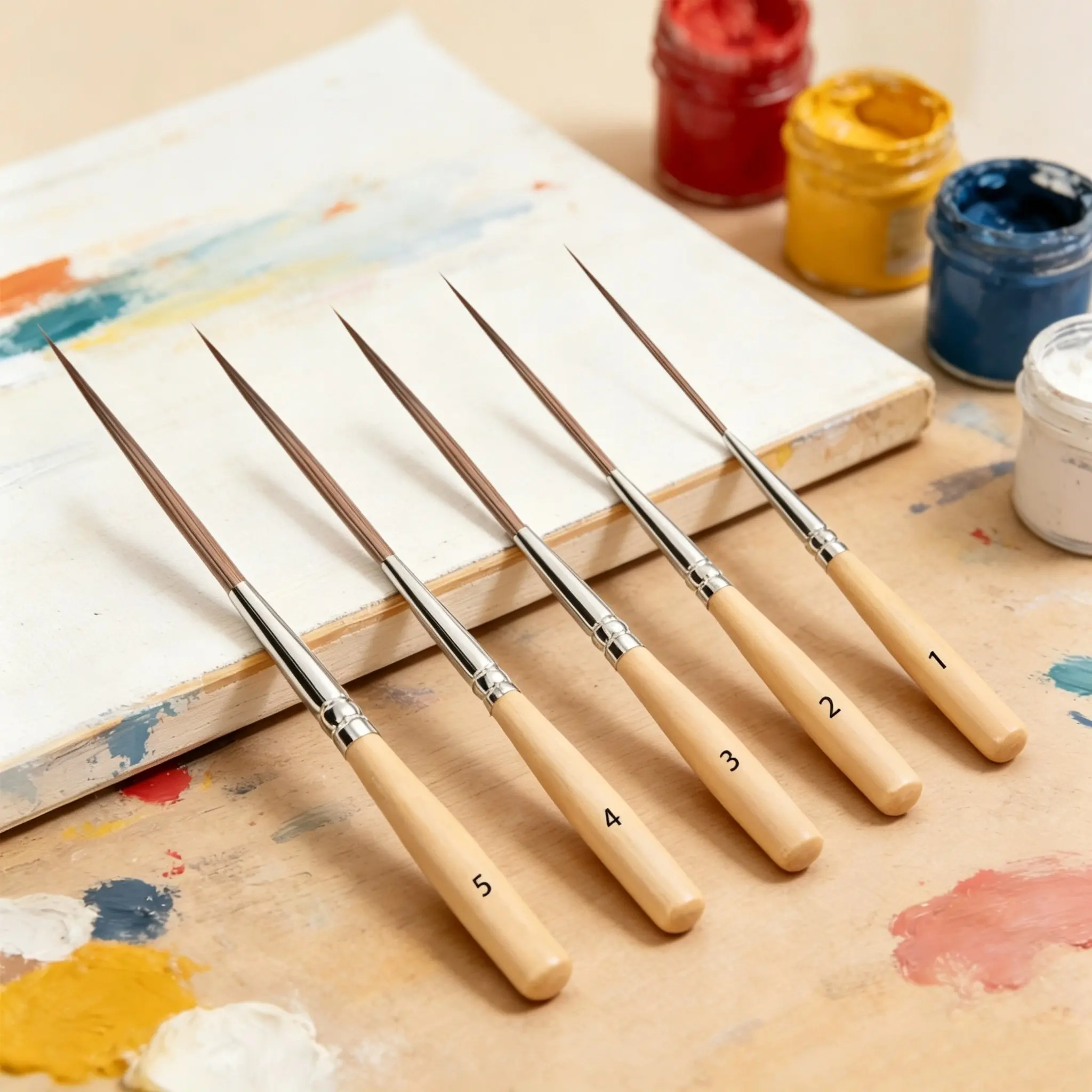 5-Piece Long Handle Brush Set, Cow Hair Bristles, Fine Tip Watercolor & Acrylic Paint Brushes, Ideal for Corner Filling, Outlining, Framing, Art Supplies