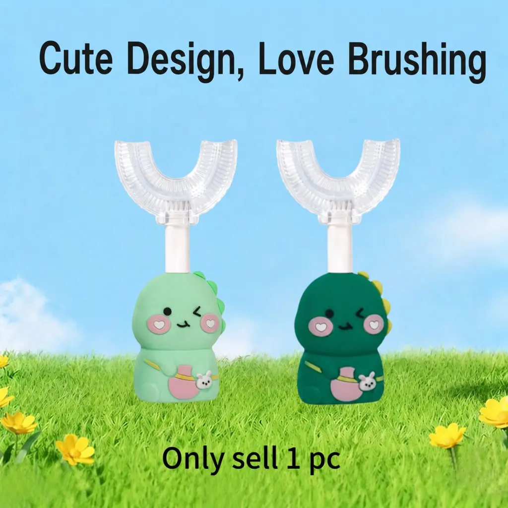 Wink dinosaur Toothbrush for Ages 2–7, Soft Food-Grade Silicone, 360° Cleaning Design, U shaped toothbrush, Portable Toddler Toothbrush