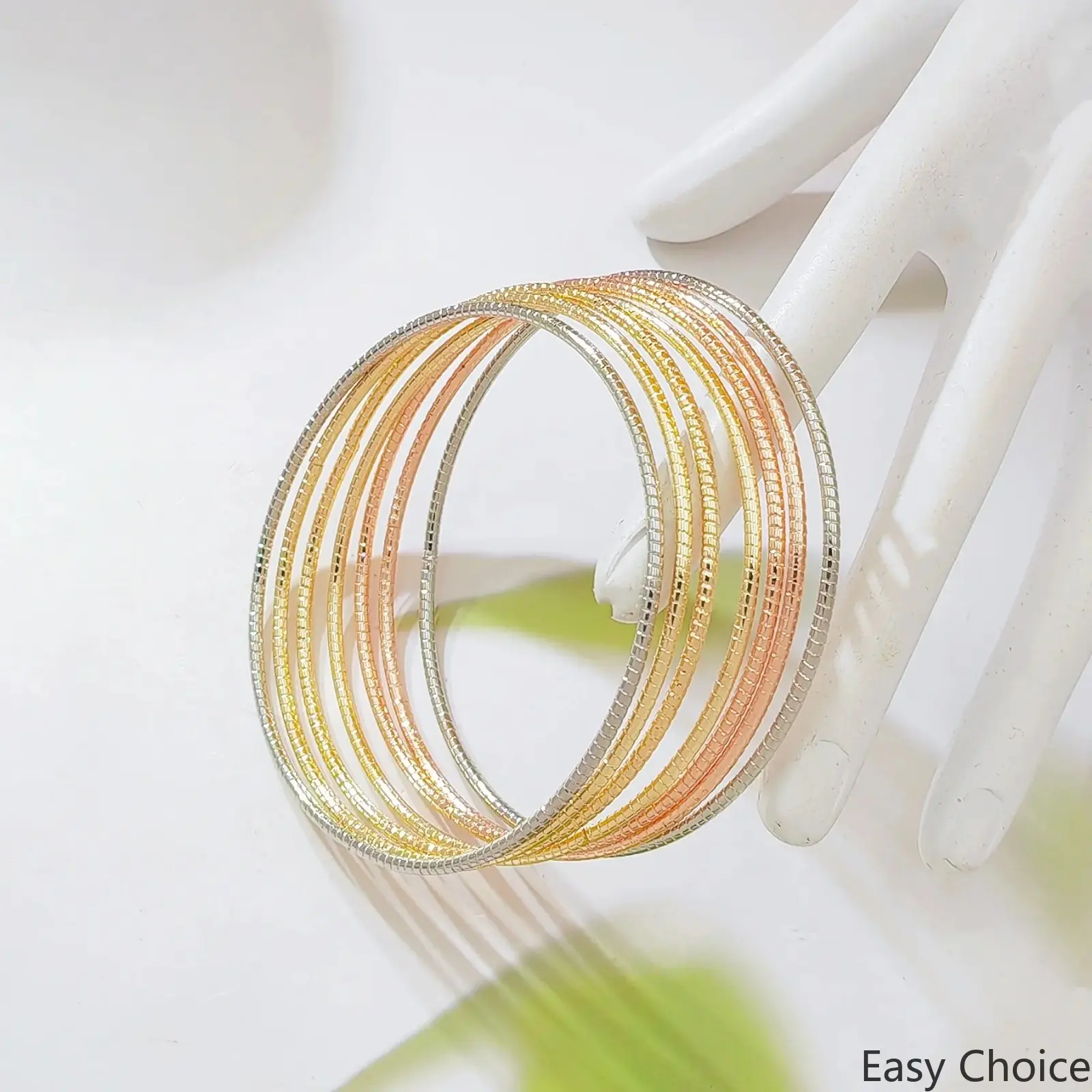 7PCS Sparkling Tri-Color Stackable Bangles, Diamond Cut Thin Faceted Gold/Silver/Rose Gold Bracelet Set, 7 Piece Statement Jewelry for Daily & Party Wear