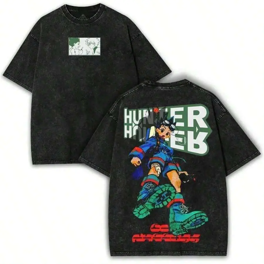 Men's Retro Hunter X Hunter Round Neck Short-Sleeve T-Shirt, Unisex Double-Sided Gon Freecss Anime Print Casual Menswear Top For Anime Fans, Daily Streetwear