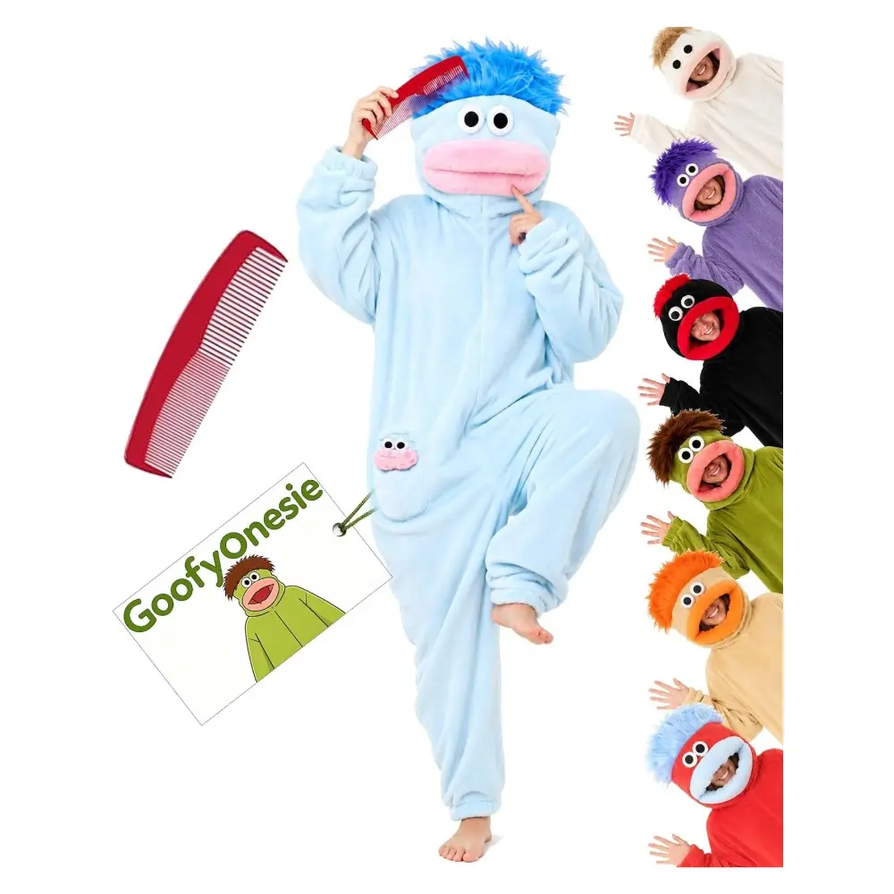 Comb Your Cares Away: Ultra-Soft Coral Fleece Big Mouth Monster Hooded Onesie, All-In-One Cozy Sleepwear & Fun Dress-Up Costume For Relaxing Nights, Themed Parties And Casual Lounging