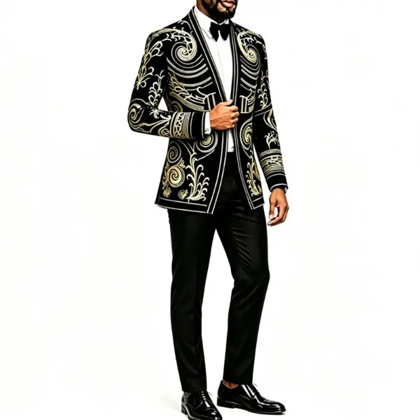 Men's Slim-Fitted Black Velvet Open-Front Peak Lapel Tuxedo Jacket with Baroque Gold Swirl Embroidery - Formal Evening Blazer for Wedding Groom, Prom Party