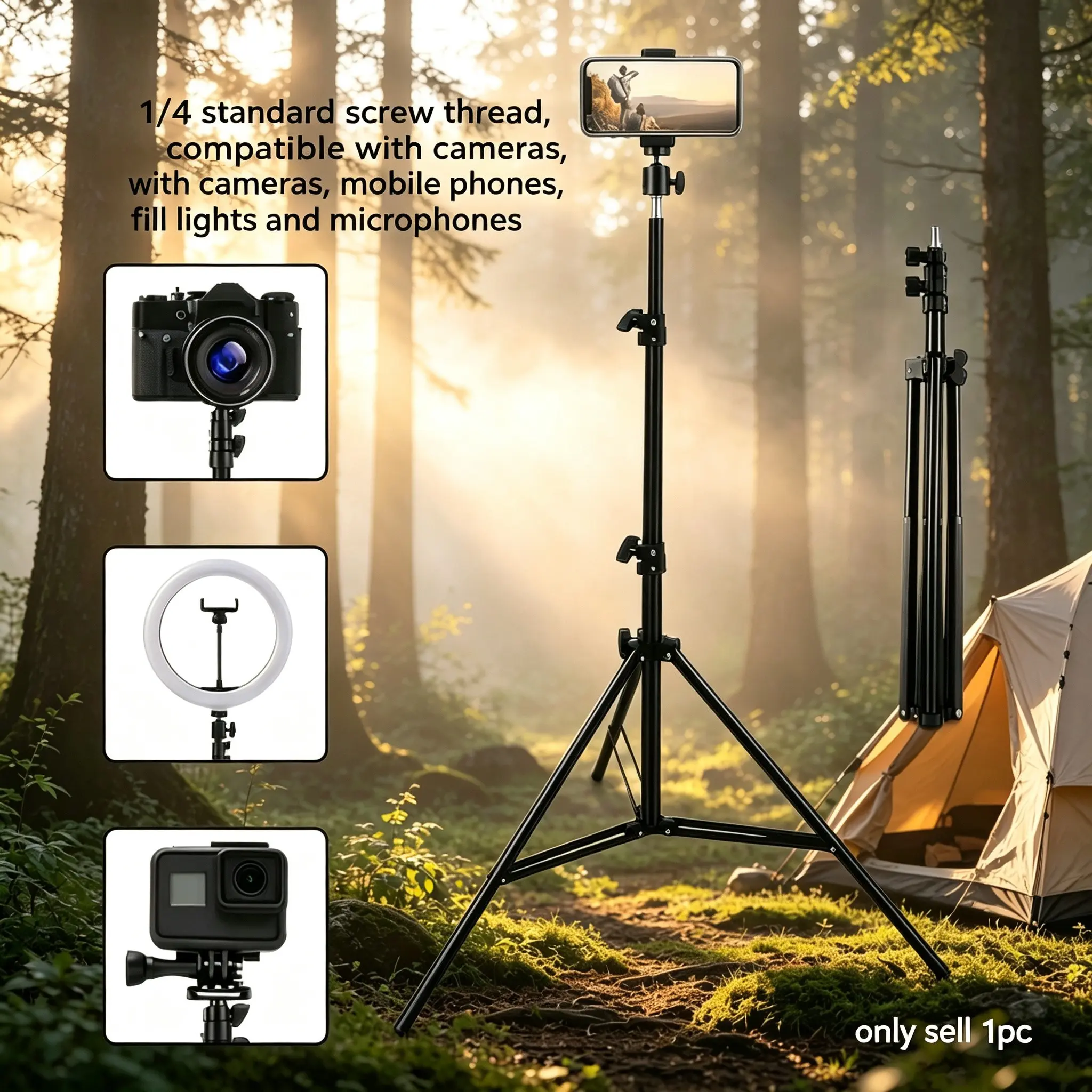 43.3 Inch Adjustable Camera Tripod Stand, Metal Telescopic Pole, Dual Lock Height Adjustment, Stable Base, Suitable for Studio Photography, Live Streaming Tripod, Camera Accessory