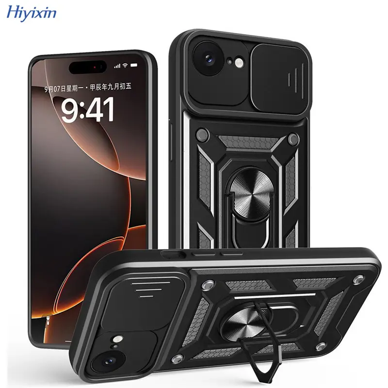 Heavy Duty Military Armor Phone Case With Slide Lens Privacy Shield, Adjustable Metal Ring Holder Fit Magnetic Car Mount, Anti-Slip Drop Resistant Reinforced Structure, Tough Daily Tech Gear for Road Trippers, Construction Workers & Privacy-Conscious Male