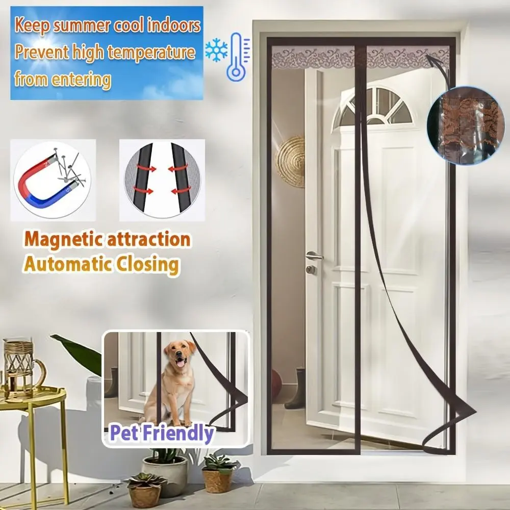 Eva Eco-Friendly Fabric Door Curtain, Lace Trim, Magnetic Closure, Semi-Transparent Grid Pattern, Ideal for Bedroom, Entryway, Living Room