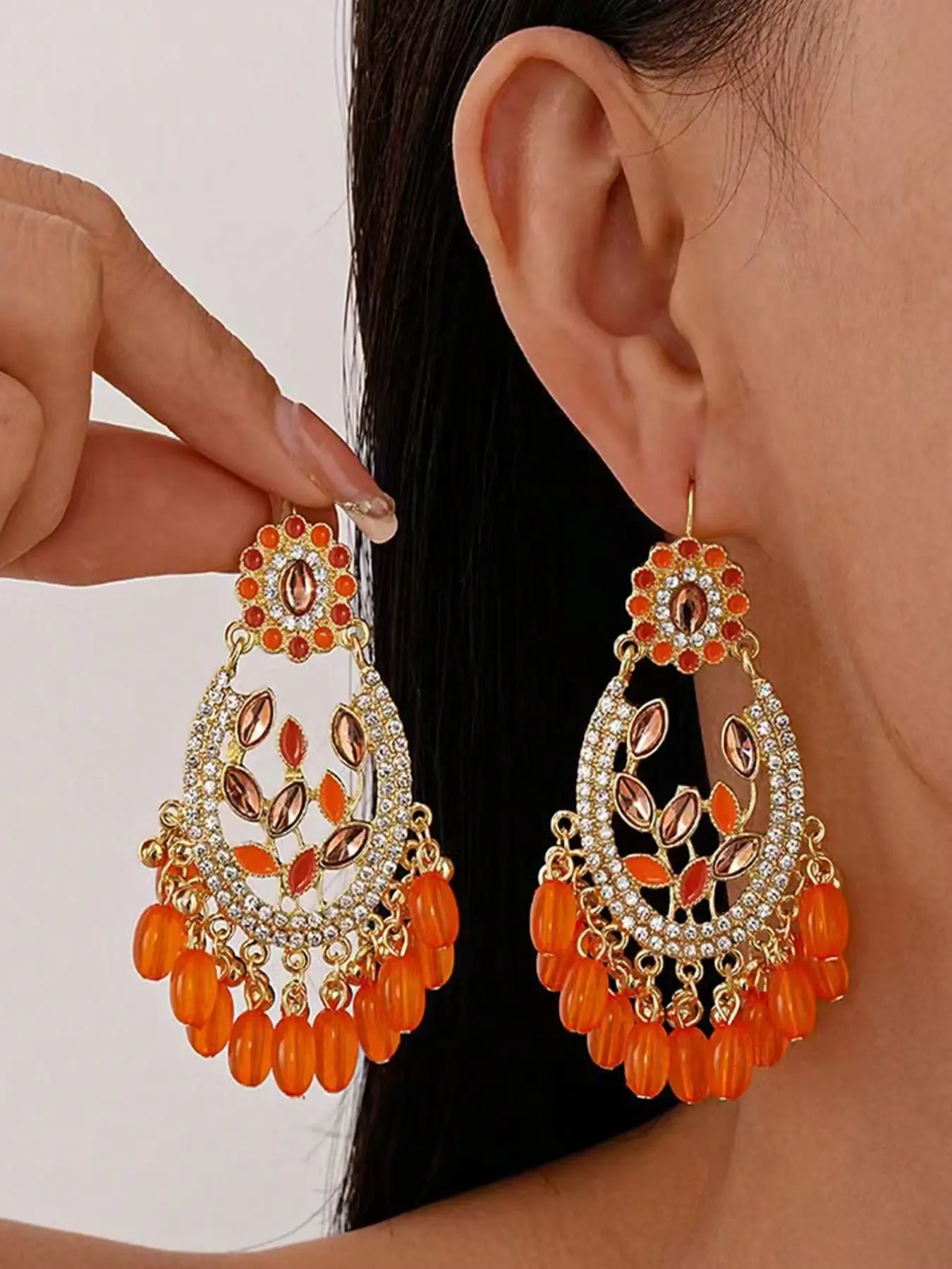 Women's Fashion Earrings, VBoho Indian Vacation Aesthetic Gold Hollow Floral Frame Flower Earrings Orange Crystal Multi Bead Long Tassel Earrings Vibrant Warm Tone Tropical Beach Daily Travel Festival Stackable Ear Accessory