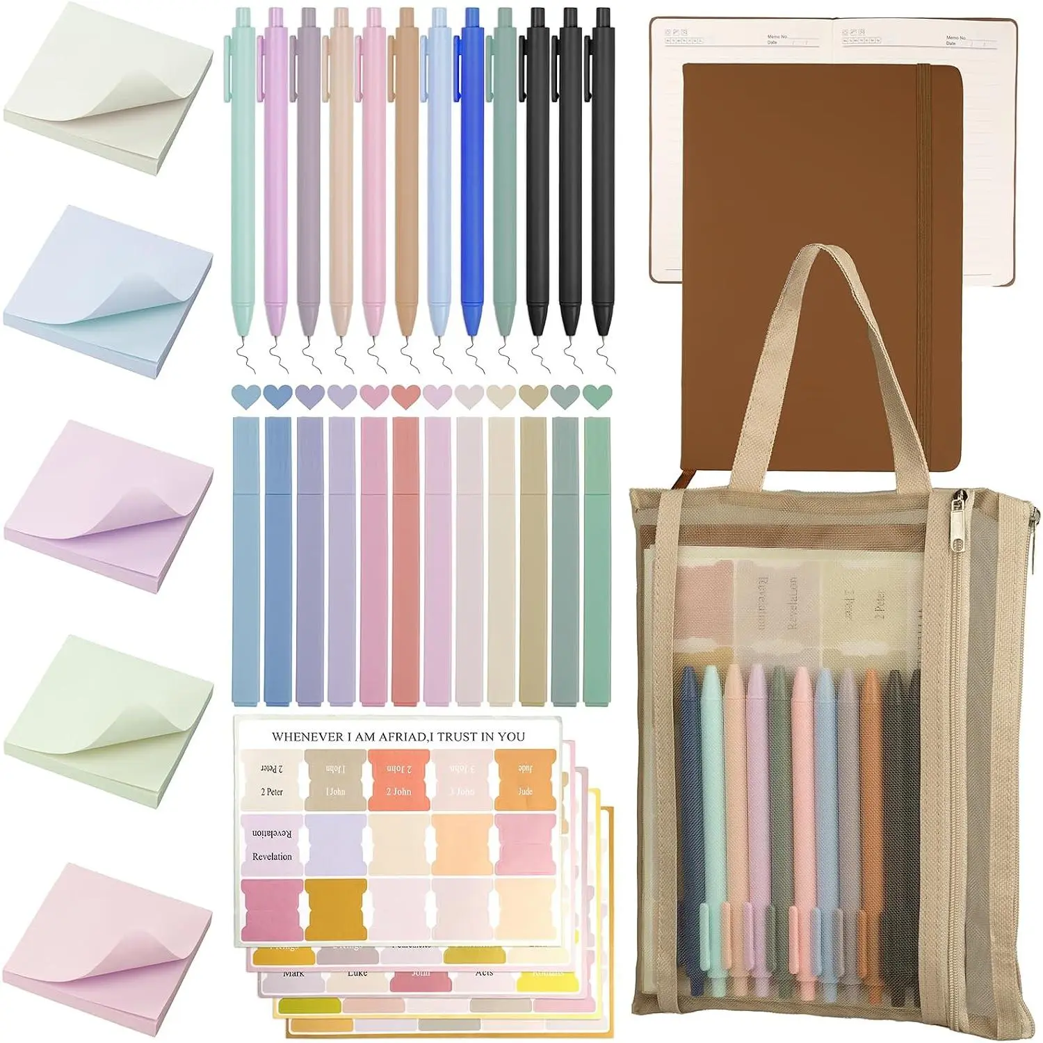 Study Supplies, Journaling Kit, Study Kit with Journal,12 No Bleed Highlighters,12 Gel Pens,75 Tabs, 400 Sticky Notes,Christian Gifts for Women Men (Brown)