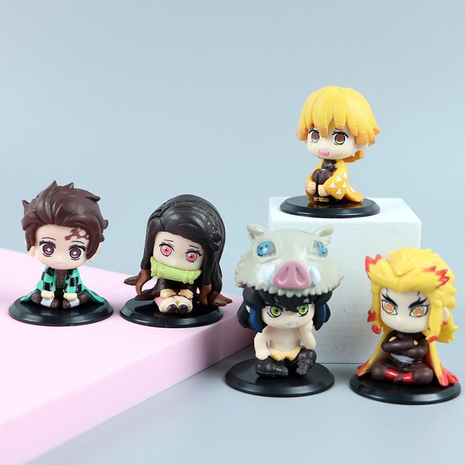 Demon Slayer Figure Toy Anime Kimetsu no Yaiba Q Version Sitting Tanjiro Nidouzi Inosuke Zenizu PVD Figurine Model Doll Gifts