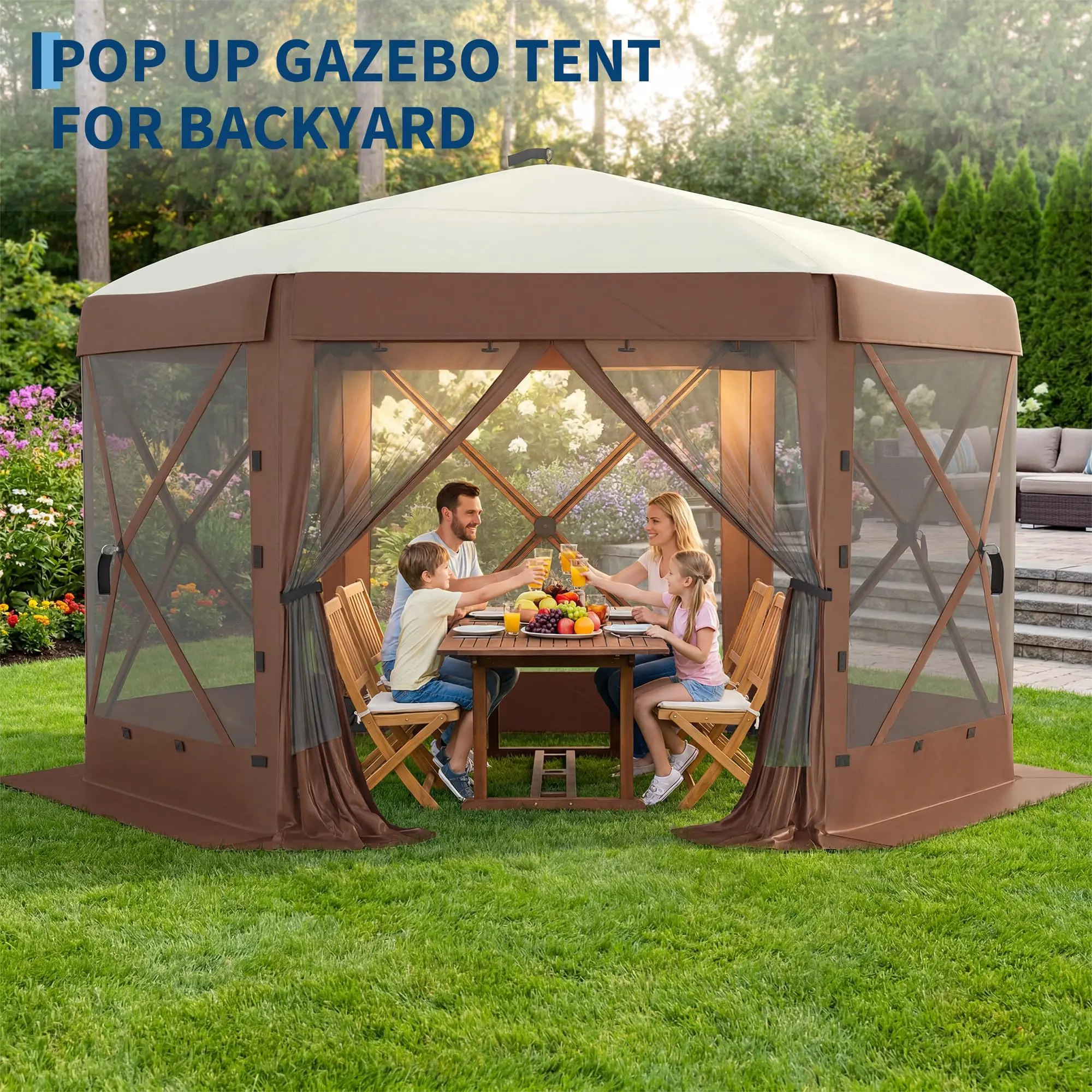 10x10FT 6-Sided Pop Up Gazebo Screen Tent with Mesh Panels, Brown | One-Push Setup, Removable & Privacy Wind Cloths, Outdoor Sun Shelter for Camping, Backyard Parties & Events