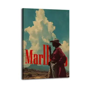 Vintage Marlboro Western USA Cigarette Poster - Lightweight Neutral Abstract Retro Americana Large Canvas Wall Art Print, Vintage Home Decor Items, Bedroom Decor for Bar Enthusiasts