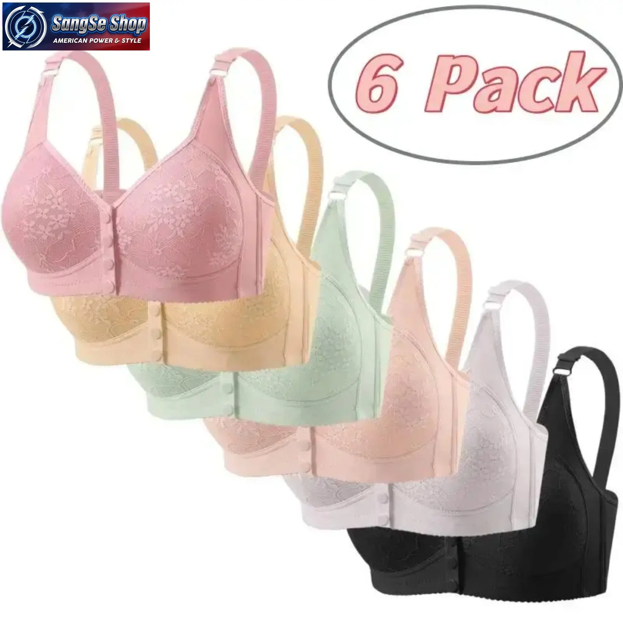 Women's 6-Pack/3-Pack Front Closure Wire-Free Workout Bras, Push-Up Cup Cotton Blend Fixed Cup Bralettes, Comfortable Breathable Lightweight Adjustable Tank-Style Sports Bra Top for Daily Wear, Yoga, Workout Bra, Gym