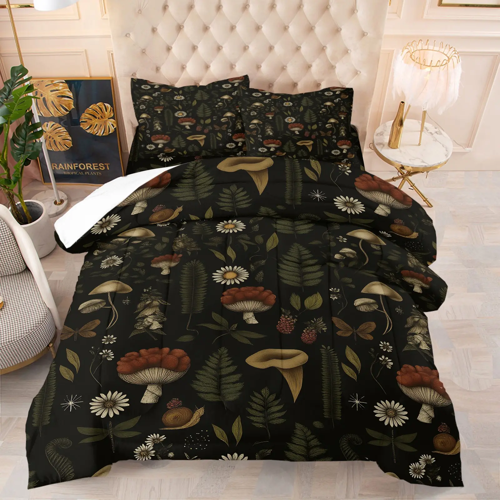 Vintage Dark Forest Mushroom Comforter Set, 1 Comforter + 1/2 Pillowcases, Black Daisy Fern Snail Print Bedding, Durable Material Soft Comfy Bed Set, Cozy Bedding Set, Machine Washable, All Season Decor for Nature Lovers Teens Women, Bedding Sets