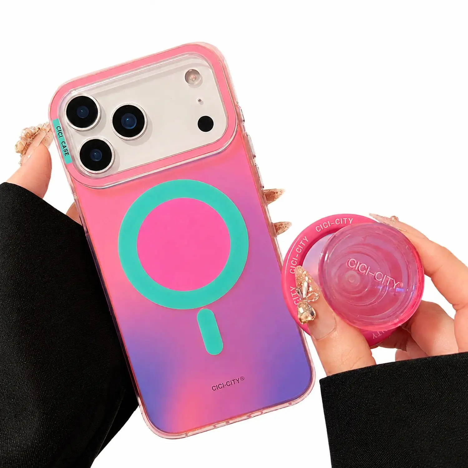 Gradient Magnetic Phone Case + Magnetic Pop Grip - Iridescent Shockproof Anti-Fall Protective Cover Phone Stand For iPhone 17 Pro Max 17 Air 16 15 14 13 Pro Max