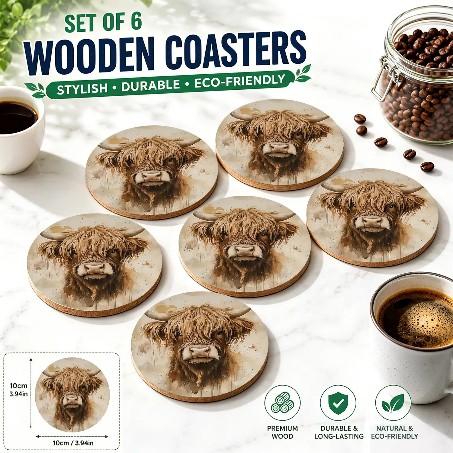 6PCS Highland Cow Wooden Coasters | Kitchen Coasters | Viral Farmhouse Decor | Watercolor Cattle Art | Coffee & Beer Mat | Eco-Friendly Durable | Perfect Gift 🐮