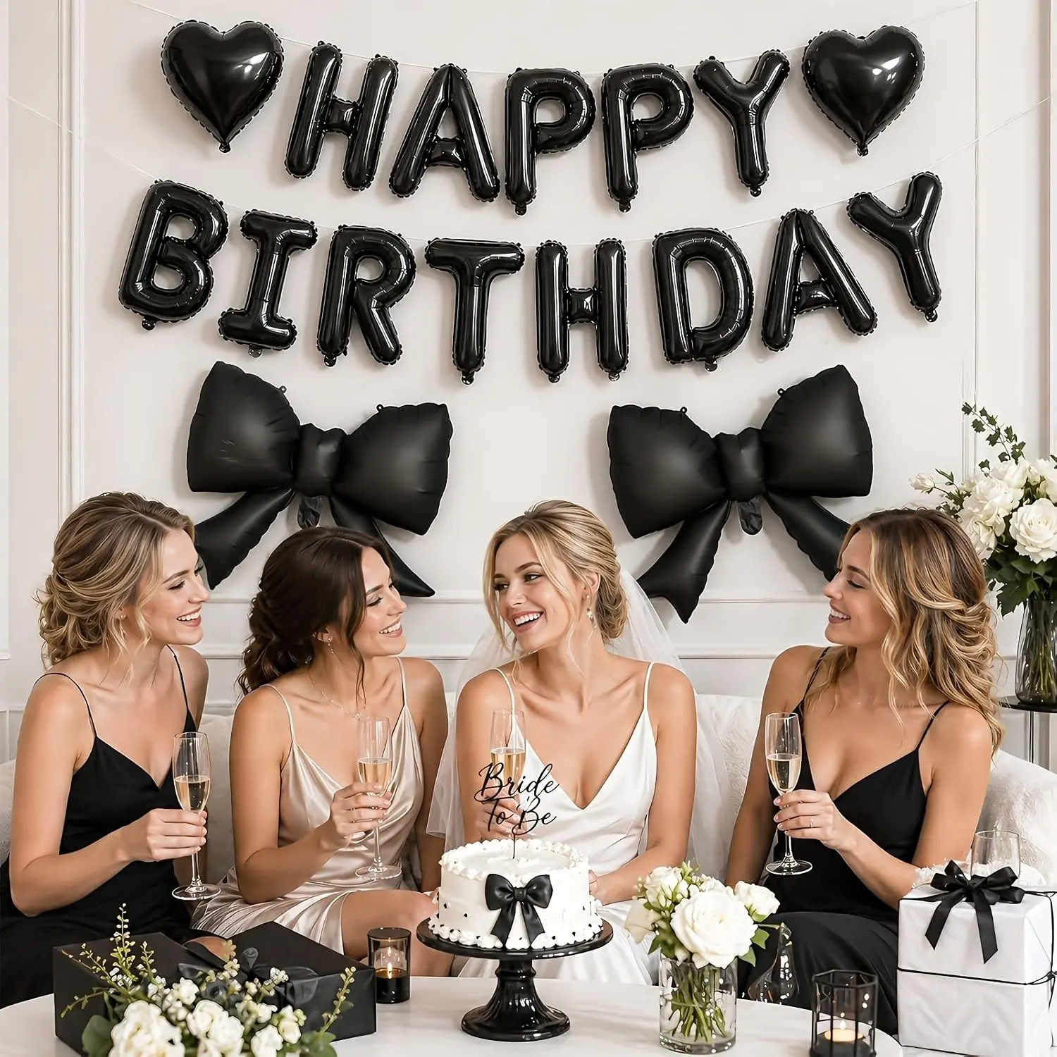 18Pcs Black Happy Birthday Balloon Banner Set, 13 Letter Balloons, 2 Black Bow Balloons, 2 Heart Foil Balloons with Ribbon, Women & Princess Themed Birthday Party Decorations