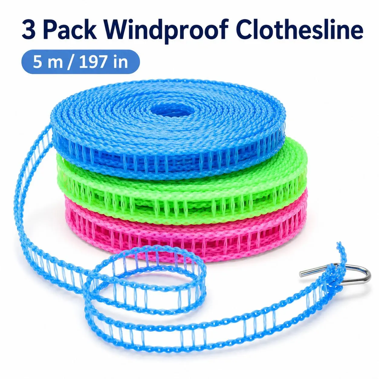 3-Pack Portable Travel Clothesline Set, 5m Adjustable Windproof Outdoor Dryer with Hooks for Camping, RV, Home, Camping Gear, Compact Roll, Hooked Ends