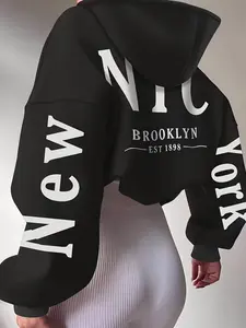 Women's Dropped Shoulder Baggy Hoodie with Letter Print, Casual Fashion Drawstring Pocket Sweatshirt for Daily Wear, Fall & Winter Clothing