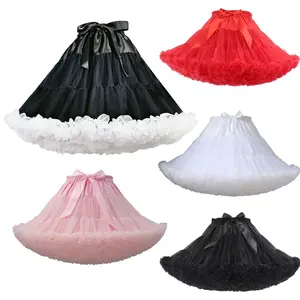 Womens 3-Layered Pleated Tulle Petticoat White Black Pink RedTutu Puffy Party Cosplay Skirt
