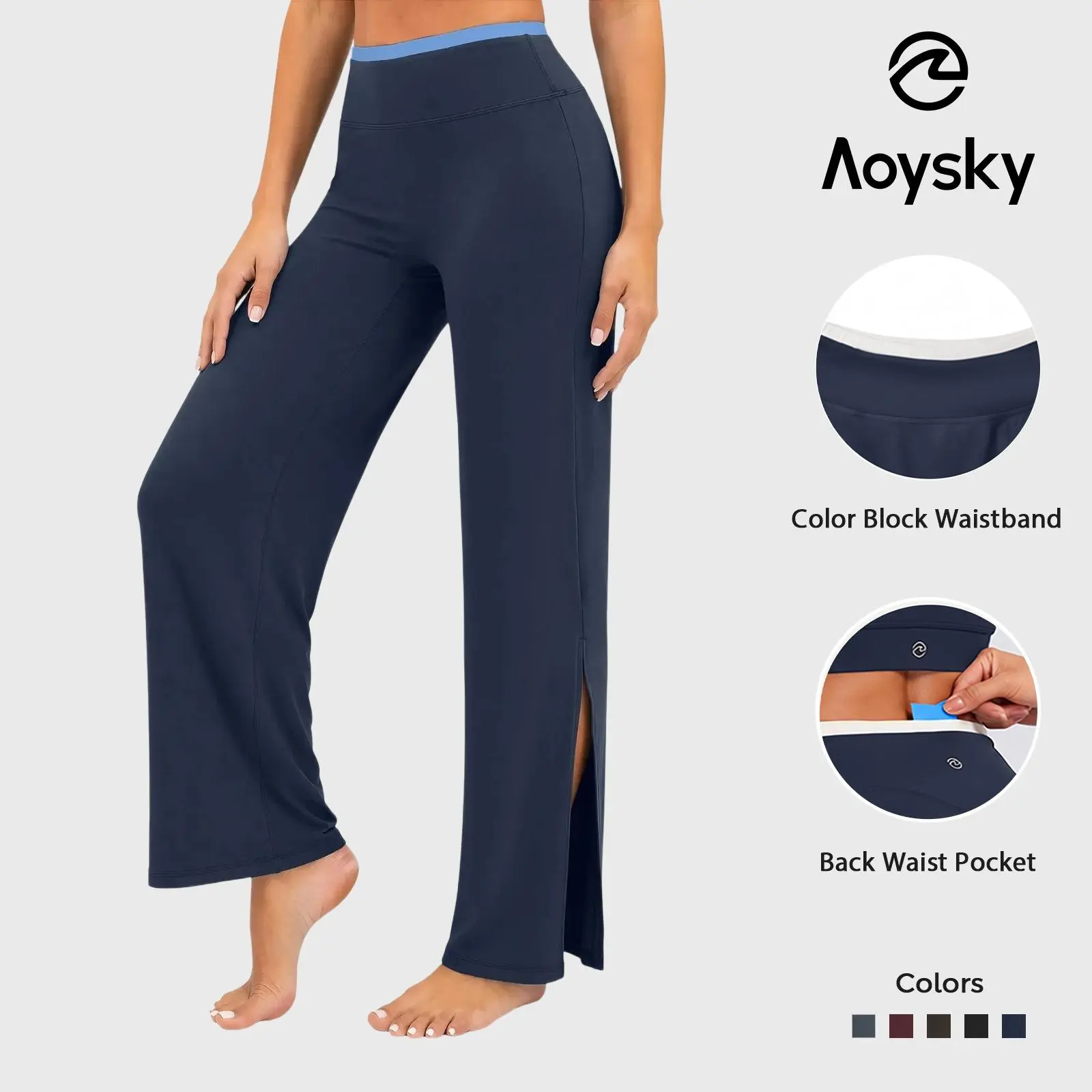 Aoysky Womens Wide Leg Yoga Pants High Waisted No Front Seam Side Split Casual Workout Pants With Pocket