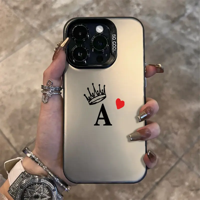 Minimal Crown Initial Letter A Red Heart Mirror Phone Case Compatible with iPhone X XS XS Max 11 12 13 14 15 16 17 Pro Max Plus SE4, Cream Silver Reflective Back Shockproof Soft TPU Cover Personalized Monogram Print Anti Fingerprint Drop Protection Cell S