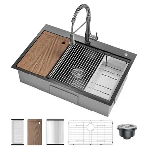 33x22in Drop-in Kitchen Sink - Premium Single Bowl Stainless Steel Sink with Pull-Out 304 Coiled Faucet, 5-Piece Accessory Kit, 16 Gauge, Ultra Black