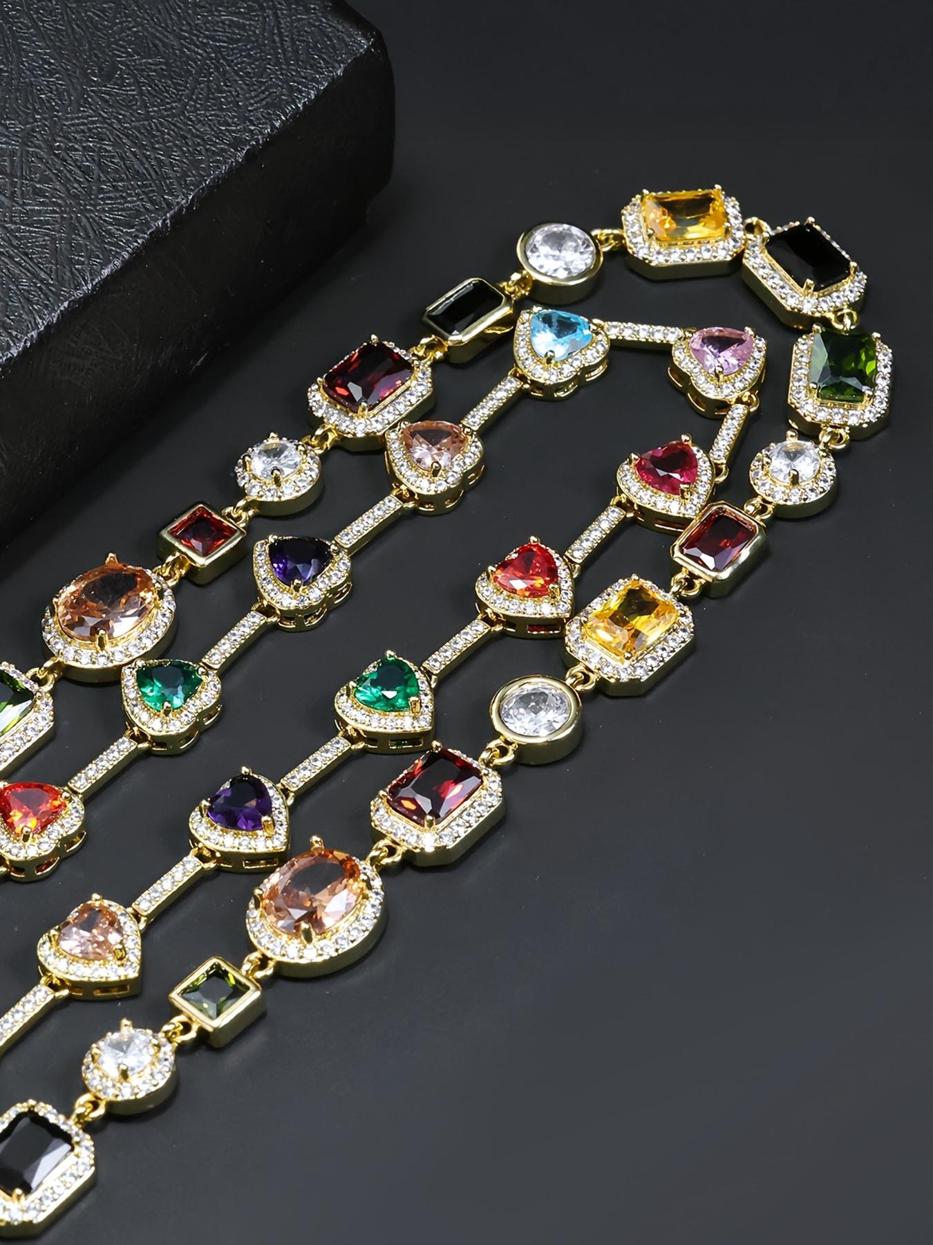 2PCS ICED CHICS Colorful Heart Necklace + Square necklace set, Iced Out Jewelry, hip-hop style, fashionable and avant-garde, set outfit, versatile style, shining multicolor synthetic zircon, the best choice as a gift