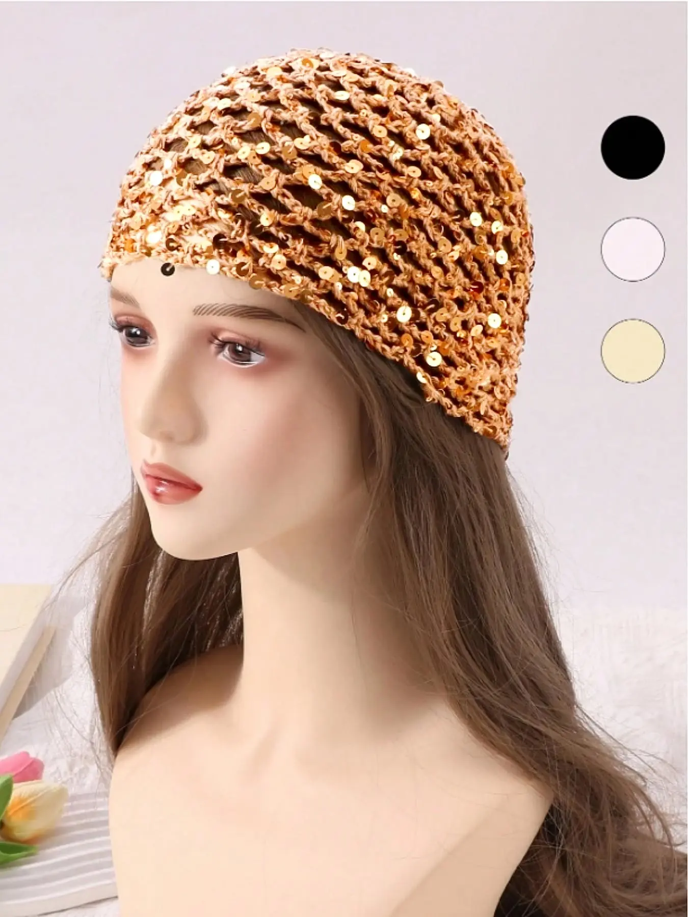 1 piece Women's Fashion Hollow Crochet Sequin Beanie, Women's Slouchy Cap, Solid Color Slouchy Hat, Fashionable Hats, Fashion Simple, Suitable for Daily Wear, Fashion Party, Spring Summer Autumn Use, Breathable, Personalized Decoration, Knit Beanie