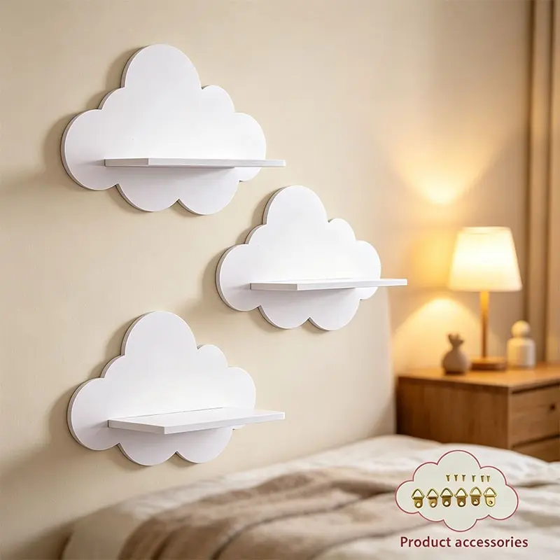 PVC Cloud Floating Shelf Set (3 Pieces), Wall-Mounted Cute Cloud Decorative Display Rack, Ideal for Baby Room, Kids Bedroom, Dolls and Small Plants