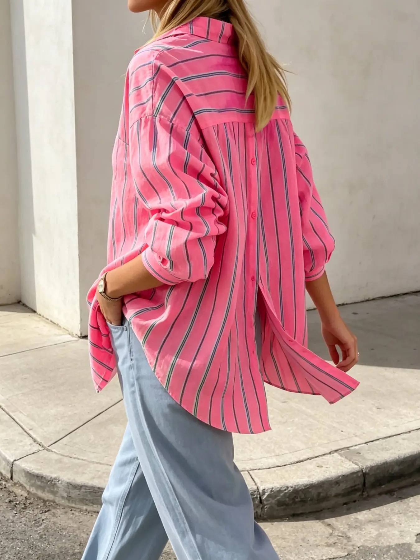 Women's Bright Striped Back Split Button Loose Long Sleeve Shirt, Casual Breathable Comfortable Top, Spring Fall Fashion, Button Blouse Shirt