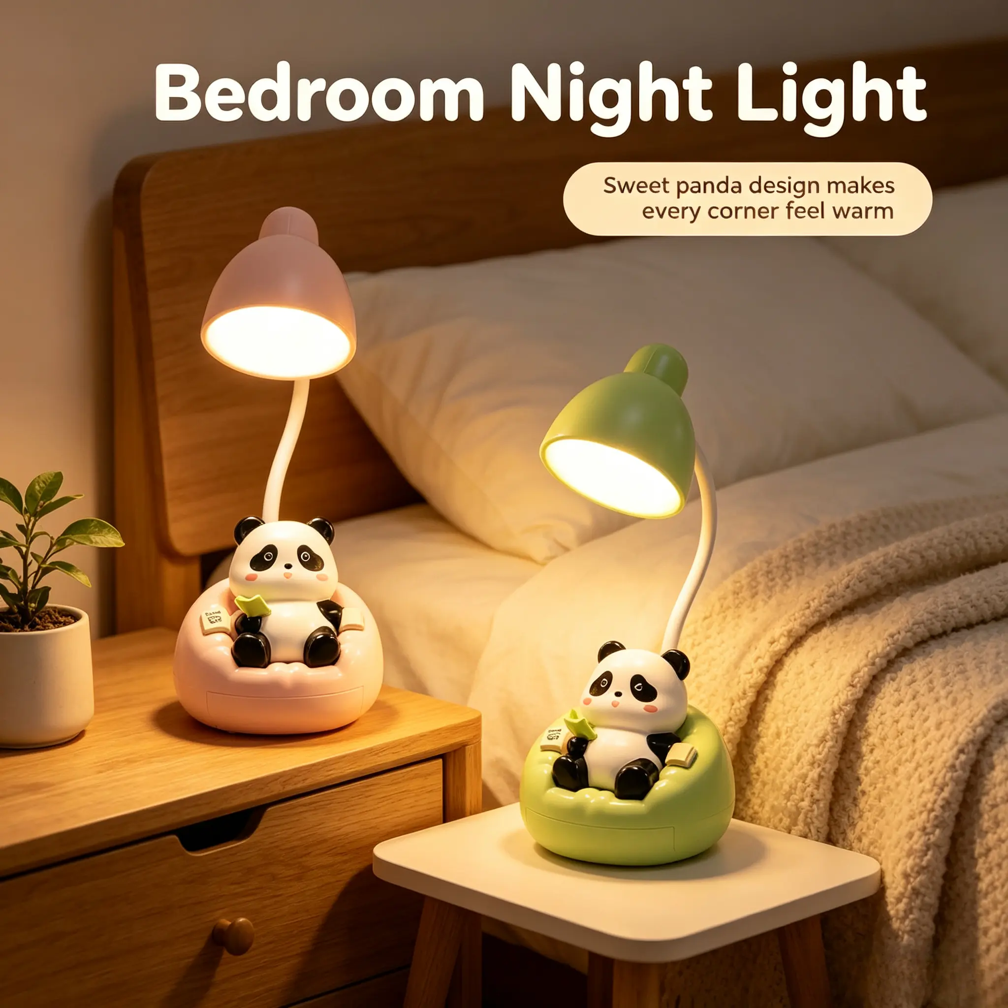 Panda Table Lamp, Cordless USB-C Rechargeable Dimmable LED Lamp with 3 Brightness Levels, Soft Warm Light, Phone Stand & Mini Storage Drawer for Bedroom, Desk, Camping & Travel
