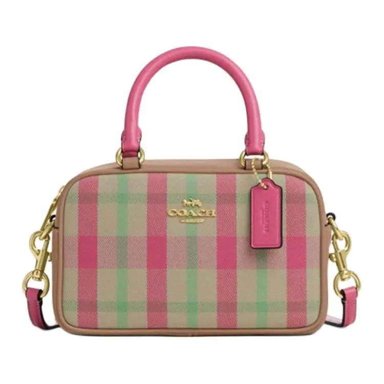 COACH 19 Logo Contrast-Check Leather Boston Bag for Women, Small Crossbody Shoulder Handbag