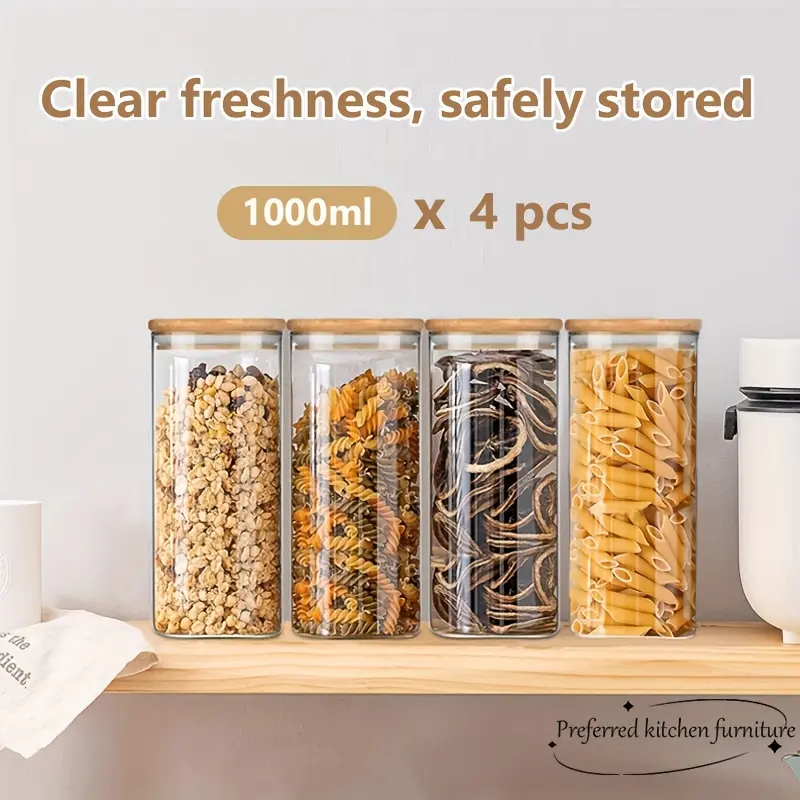 4-Piece Square Airtight Storage Jars, Transparent Borosilicate Glass Canisters, Clear storage jar, Great for cookies, dry goods, spices, snacks. Perfect for pasta, flour, rice, sugar, essential kitchen storage containers