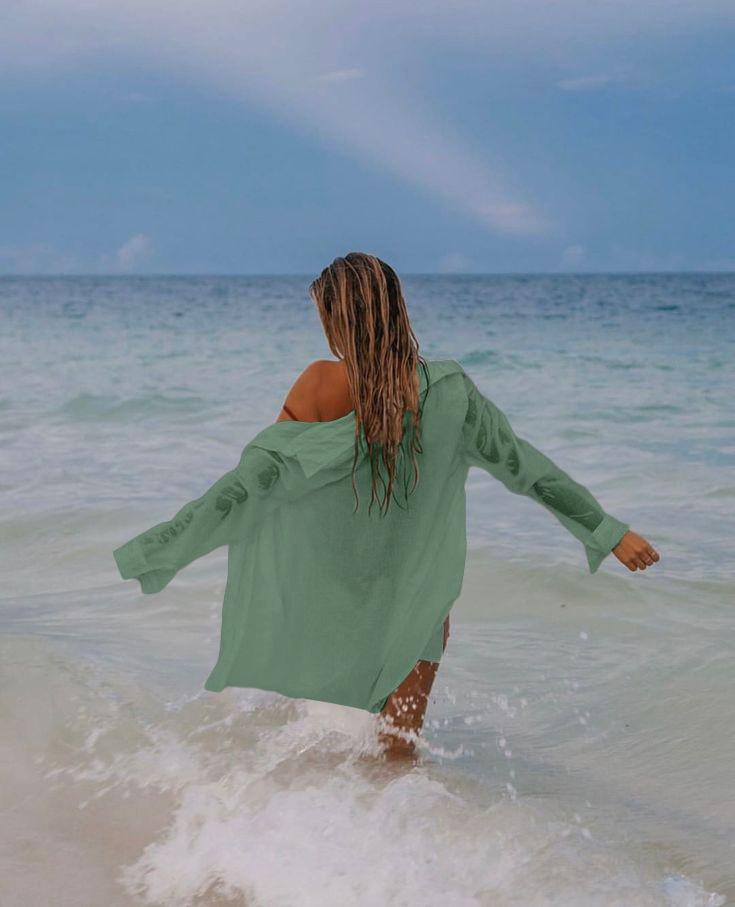 Women's Semi-Sheer Tie-Front Beach Cover Up Shirt - Button-Front Collar Blouse with Pocket for Summer Vacation,#ResortWear & Poolside Outfits, Lightweight, Stylish Bikini Sun Protection Shirt for Women, Available in Multiple Colors