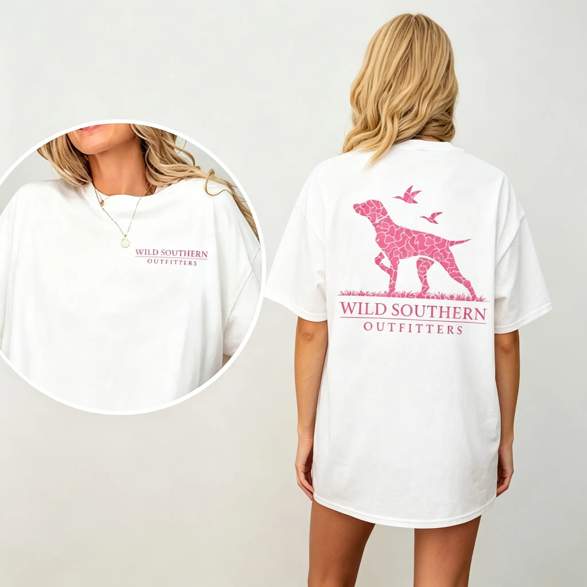 Lady's Breathable Cotton Solid Short-Sleeve Summer Casual Tshirt, Women's Streetwear Clothes with Front Chest Small Logo & Back Pink Mosaic Hunting Dog Graphic, Round Neck
