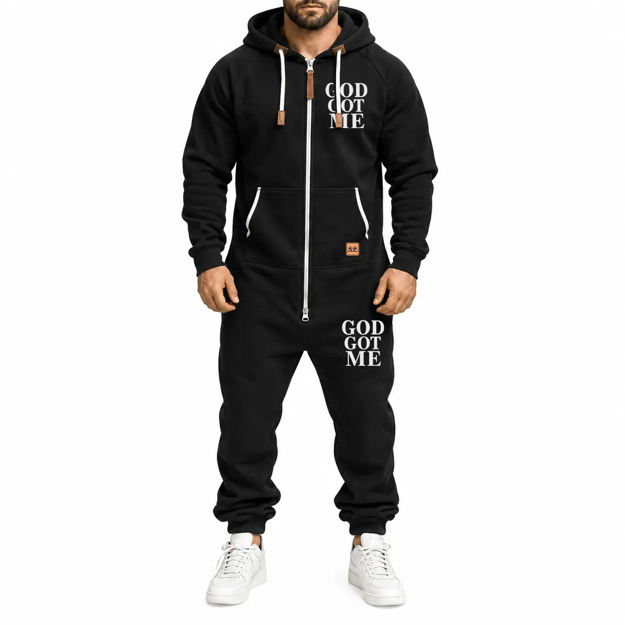 Men’s God Got Me Graphic Hooded Jumpsuit, Full Zip One Piece Tracksuit With Drawstring Hood, Long Sleeves, Functional Front Pockets, Elastic Cuffs And Tapered Jogger Legs, Faith Inspired Casual Outfit For Daily Wear, Travel And Streetwear