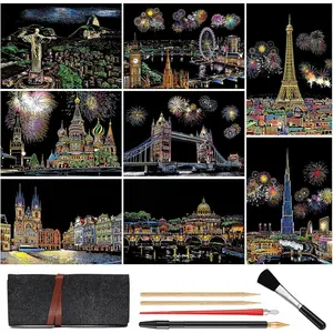 Scratch Art for Adults Teens: Colorful City Series Scratch Book with Rainbow Painting Night View | 8 Sheets A4 Scratchboard Cards, 5 Tools, Scratch and Sketch Foil Engraving Art(Landmark Building)