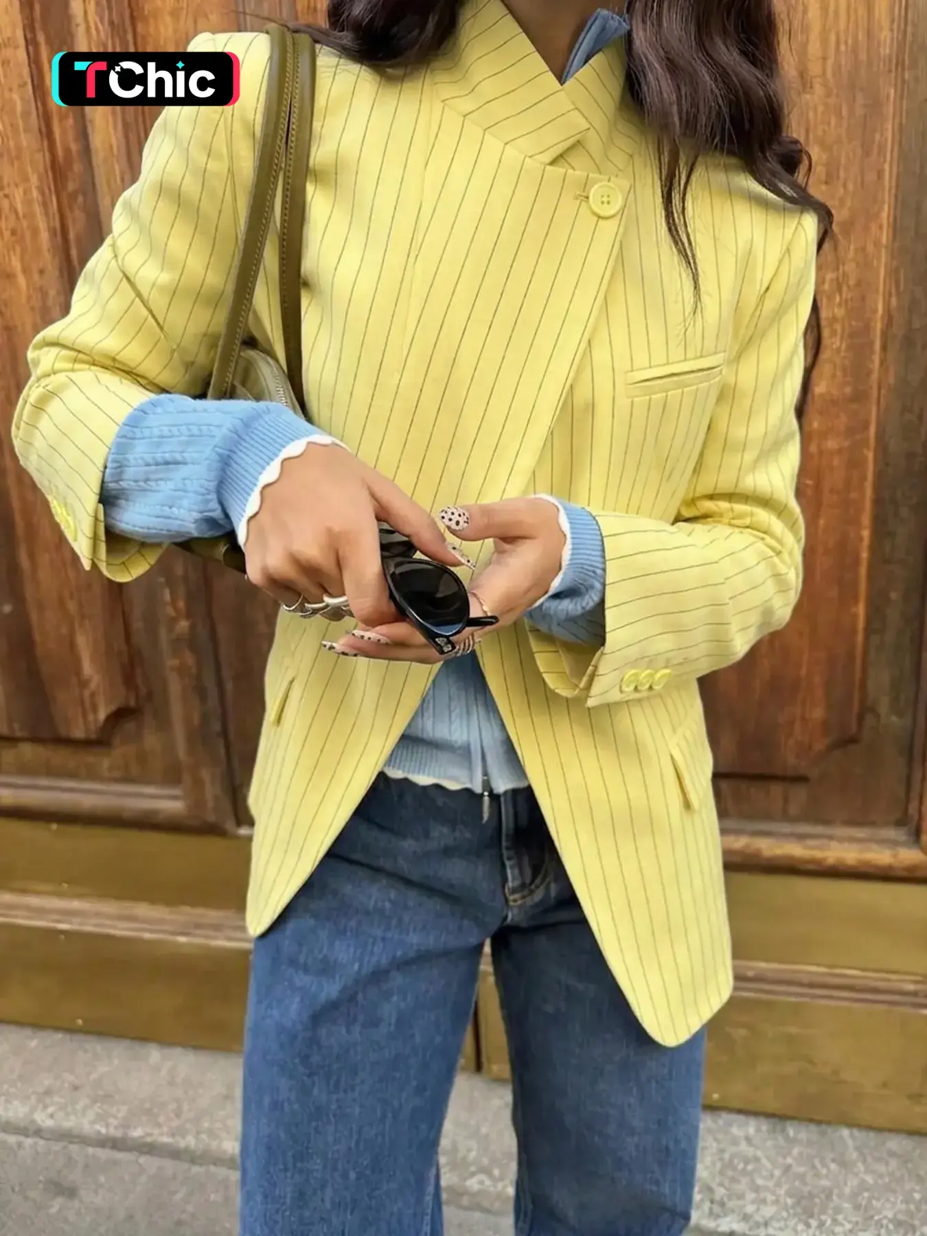 Women's Vertical Pinstripe Blazer Stand Collar Asymmetrical Single Button Long Sleeve Relaxed Oversized Silhouette Flap Pocket Detail Chic Aesthetic Elegance Office Street Style Perfect for Work Brunch Date Outings