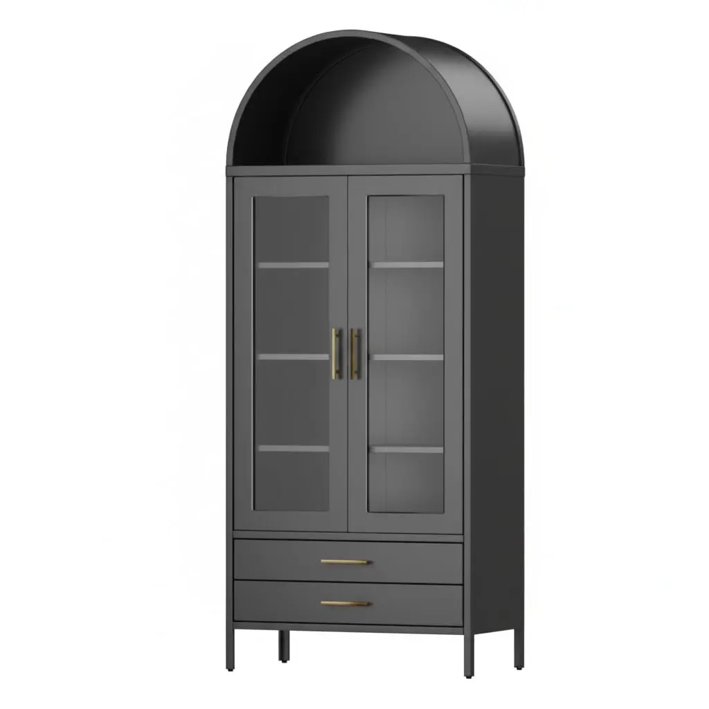 Black Metal Arched Kitchen Pantry Cabinet - 73-in Tall, Glass Doors, 2 Drawers, Adjustable Shelves, Freestanding Storage for Kitchen, Dining Room