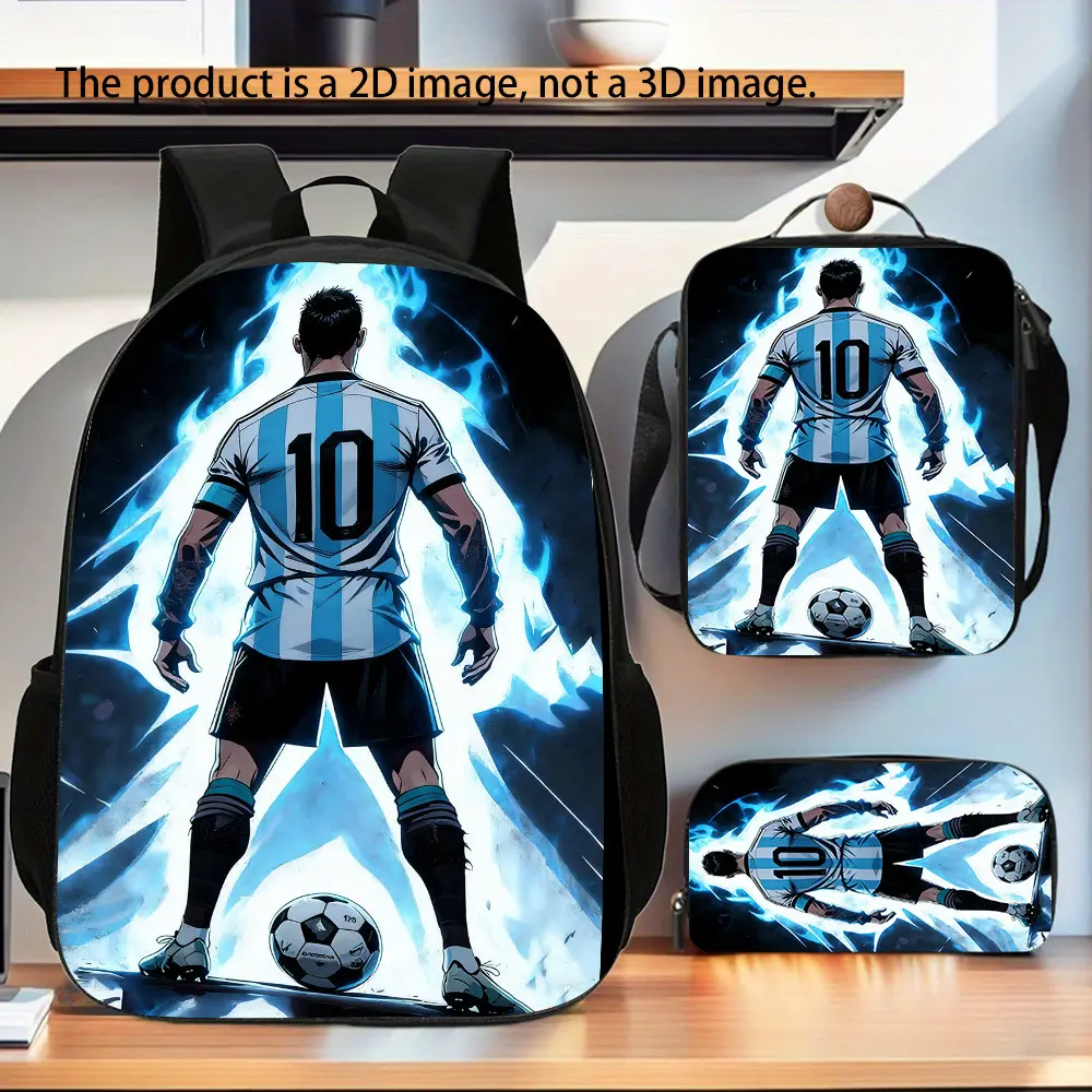 3Pcs Messi Argentina No.10 Lightning Flame Soccer Backpack Set 2D Flat Print Kids School Bag Lunch Bag Pencil Case Combo 600D Oxford Lightweight Padded Straps Multi Pocket Travel Daypack For Football Fans