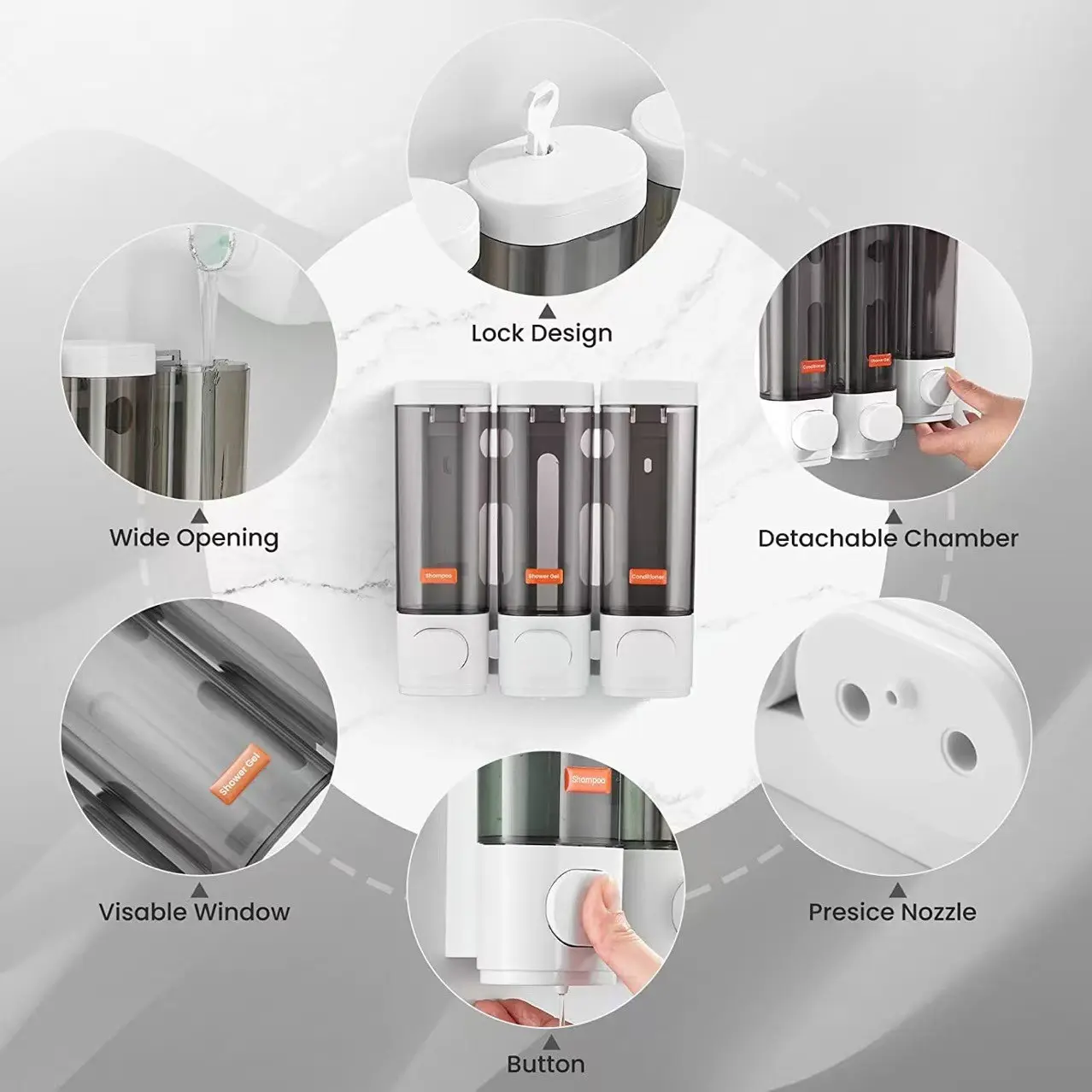 Hotel Bathroom Shampoo & Shower Gel Dispenser, Wall-Mounted No-Drill Soap Dispenser, Easy Install with Large Adhesive Backing, Convenient Press Bottle