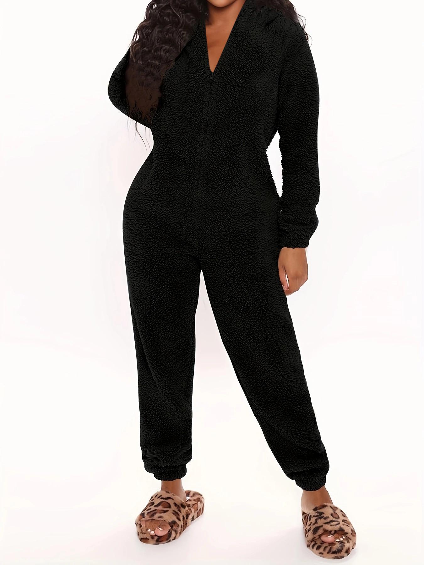 Women's Solid Zipper Hooded Plush Pajama Jumpsuit, Casual Long Sleeve Teddy Bear Ear Design Jumpsuit for Fall & Winter, Women's Sleepwear for Indoor Wear, Fluffy Lady Pajamas, Loungewear