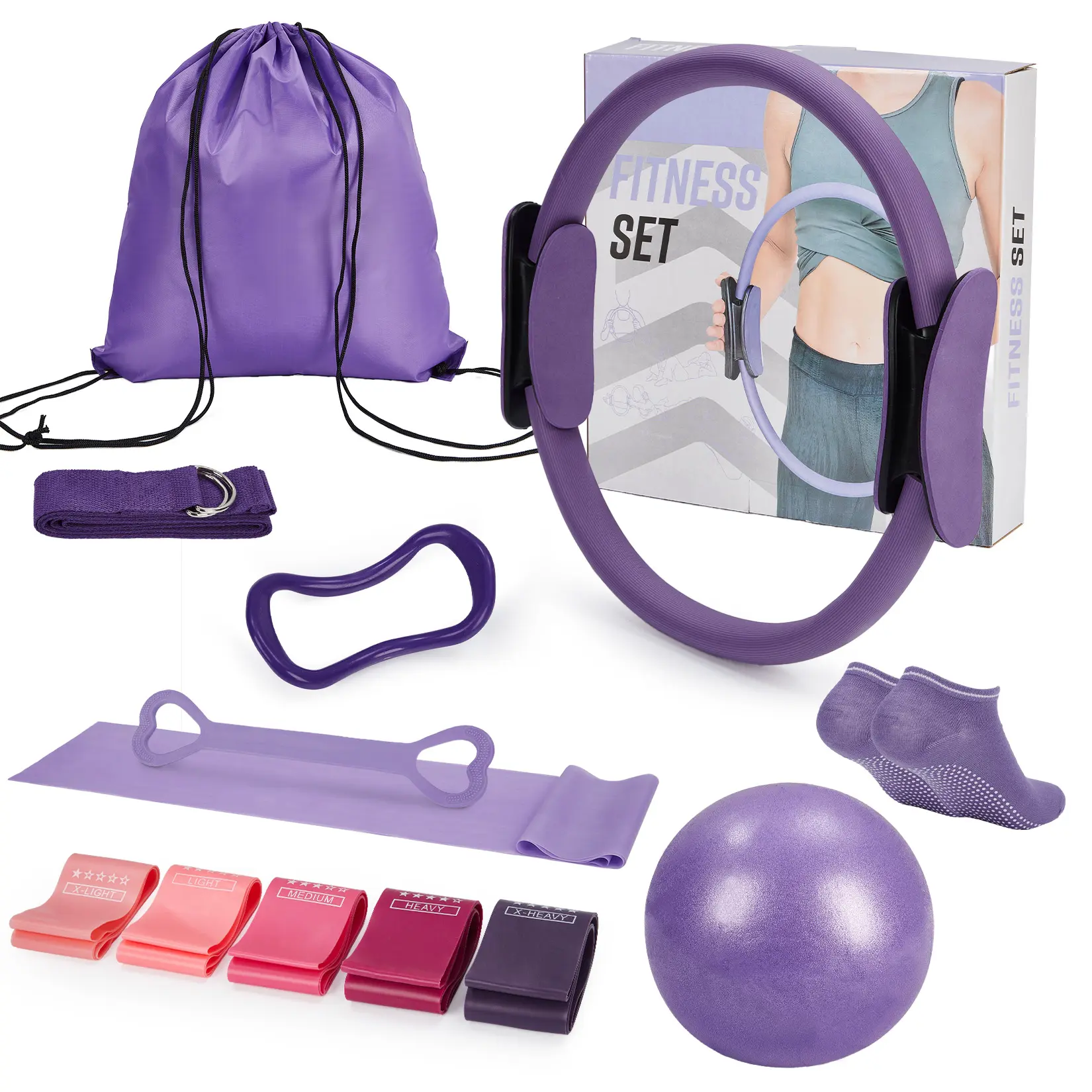 13 Piece Pilates Kit for Women, Home Pilates Equipment Set with Magic Circle, Resistance Bands, Mini Ball, at Home Pilates Kit for Beginners Full Body Workout, Pink/Purple
