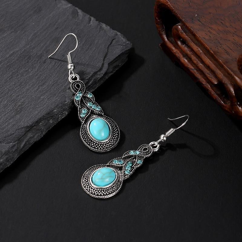 3pcs Necklace Earrings Set For Men And Women Vintage Style Blue Crystal Inlaid Turquoise Pendant With Lantern Chain Jewelry