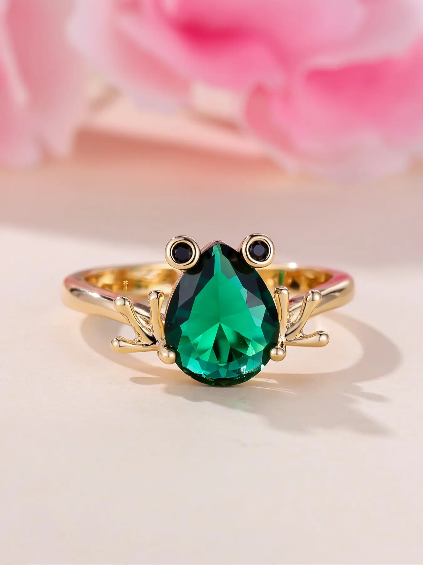 Cute Female Green Frog Round Zirconia Stone Ring Gold Color Novelty Gift Party Jewelry For Women