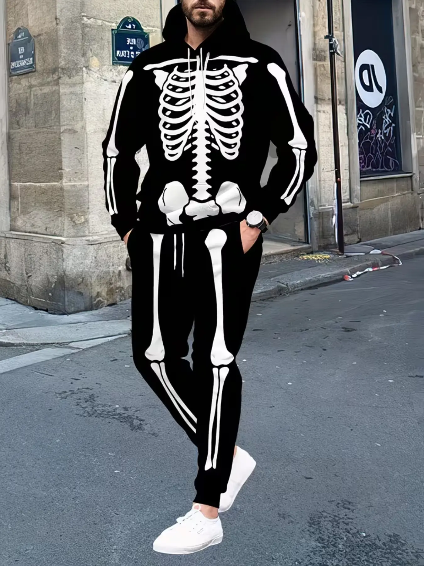 Men's Halloween Skull Print Sweatshirt and Pants Set, Comfortable Street Style, Perfect for Fall Winter, Ideal Gift Choice